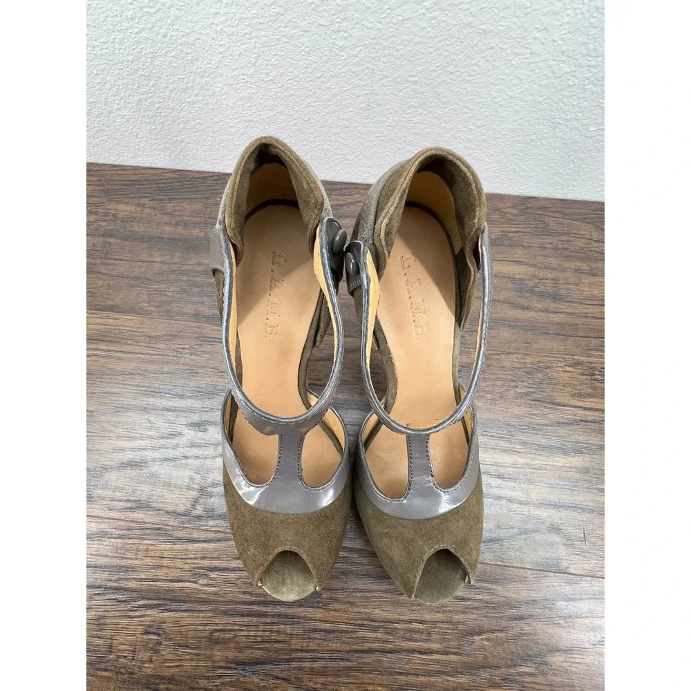 L.A.M.B. Peppa Taupe Gray Suede‎ & Leather Platform Peep Toe Heels Size 6.5M